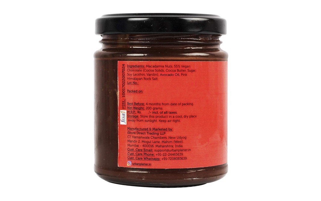 Urban Platter 55% Dark Chocolate & Macadamia Spread   Glass Jar  200 grams